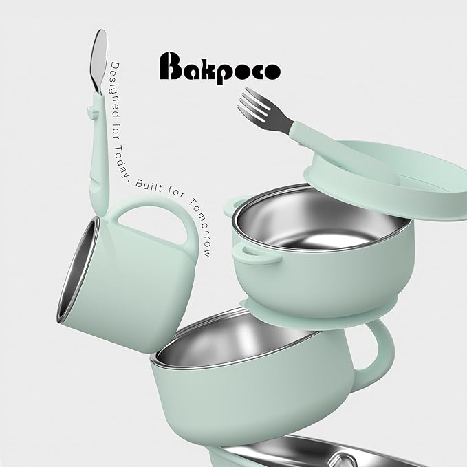 Bakpoco Kids Dinnerware Set - 6 Piese Toddler Plates and Suction Bowls Set with Kids Utensils&Cup, 2 IN 1 Stainless Steel & Silicone Baby Self Feeding Supplies, Sage