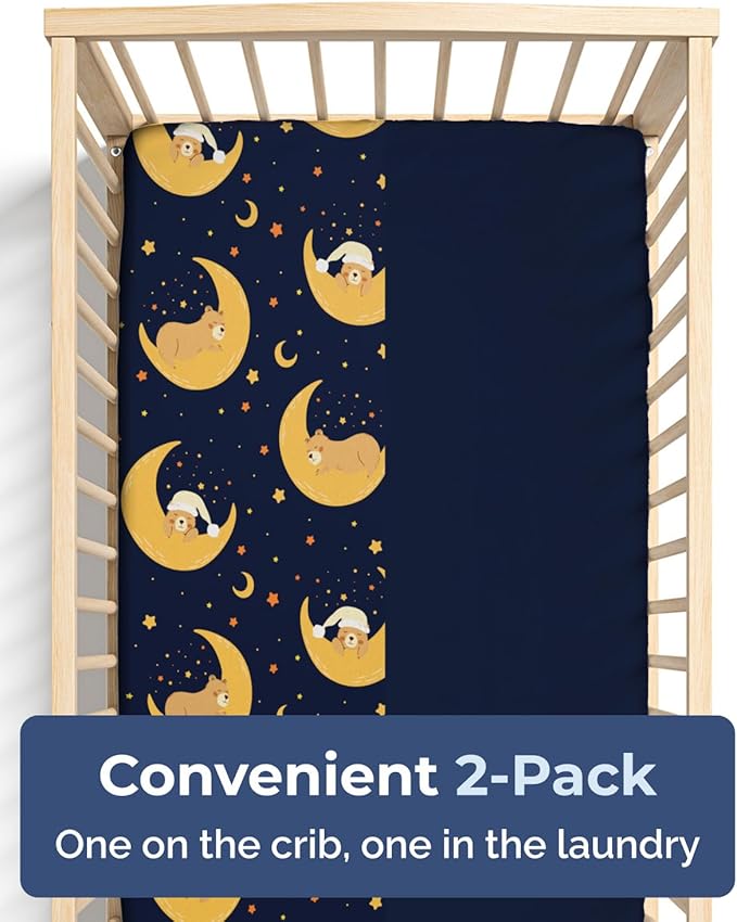 2-Pack Mini Crib Sheets Fitted - Pack N Play Sheets for Pack and Play Mattress - Stretchy Soft Microfiber Playard Bedding - Mini Toddler Bed Cover for Boys & Girls - Oeko-Tex - 38 x 24in, Moon Bear