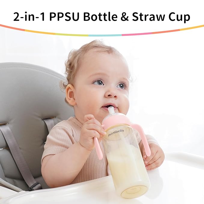 Mombella Classic 2 in 1 Baby Bottle & Straw Cup with Handle, PPSU Baby Bottles & Sippy Cup, Skinsoft Silicone Nipple Milk Feeding Bottle for Babies 6 Months+, Easy Grip, Leak-Proof, 10oz, Pink
