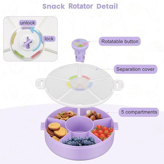 Pawtong Snack Rotator Container Reusable Snack Box with 5 Compartment Dispenser and Lid, Color Matching Opening Lid, BPA and PVC Free, for Home, School, Travel (1 Pack- Purple)