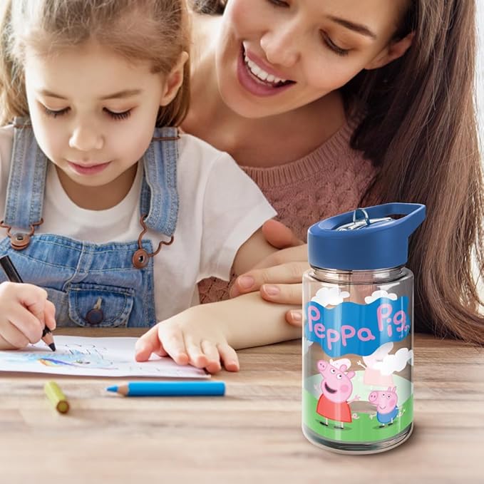 LOGOVISION Peppa Pig Kids Tritan Plastic Water Bottle with Straw Lid and Handle, Reusable Tumbler for Toddlers, Unisex for Girls and Boys, 12oz, Green Grass Scene