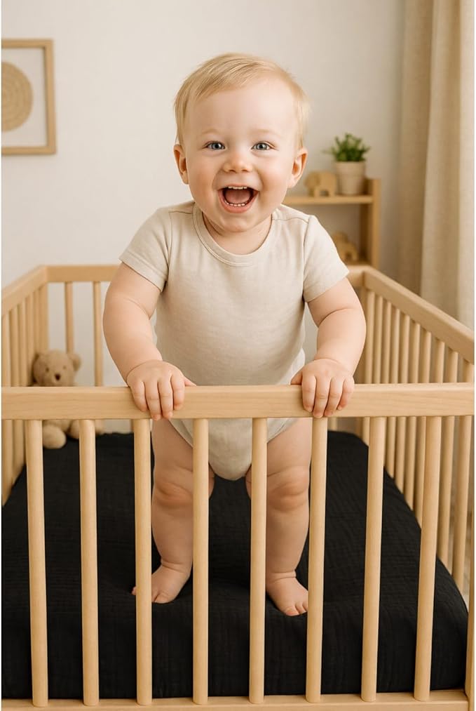 2 Pack Black Muslin Crib Sheets for Boys & Girl- Neutral Breathable Cotton Crib Mattress Sheets Fitted for Standard 28"x 52"- Nursery Décor No Slip Crib Bed Sheets