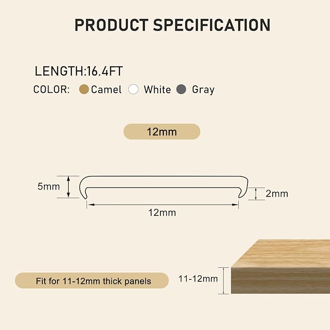 16.4ft U-Shape Edge Banding, HeiPen Self Adhesive Rubber Edge Trim, TPE Flexible Furniture Edge Protector for Wood Veneer Cabinet Repair Furniture Restoration (12mm, Camel, 1)