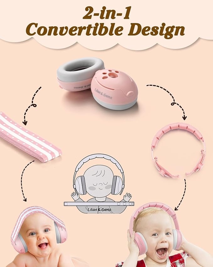 Lilian&Gema 2-in-1 Baby Ear Muffs Noise Protection up to 48 Months - Baby Airplane/Travel Essentials - Adjustable Noise Reduction Earmuffs - Ear Protection Headphones for Infant & Toddler, Pink