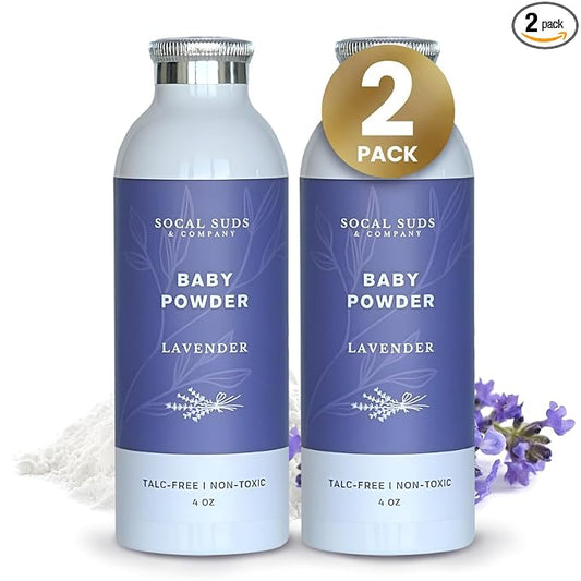 SoCal Suds & Company - Natural Baby Powder Talc-Free - with Arrowroot Powder, Kaolin, Aspen Bark Extract for Soft Soothing Protected Skin - Gentle Absorption - Lavender, 4oz, 2-Pack