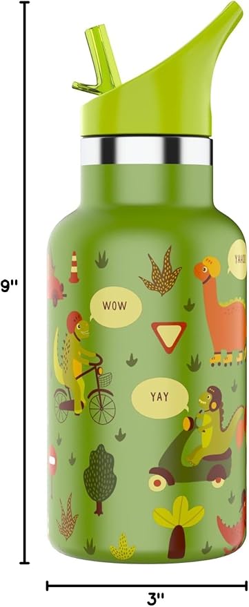 JEELA SPORTS Kids Water Bottle Stainless Steel with Straw -12 oz- Leak Proof & Double Wall Vacuum Kids Insulated Water Bottle, Toddler Water Bottles Kids, Green