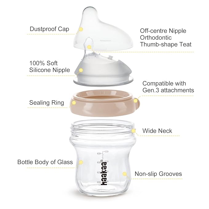 haakaa Natural Glass Baby Bottle Wide Neck Anti&Glass Baby Bottle Sleeve-Easy to Clean & Latch for 6M+ Breastfed Babies, Newborn Registry Essentials,BPA-Free
