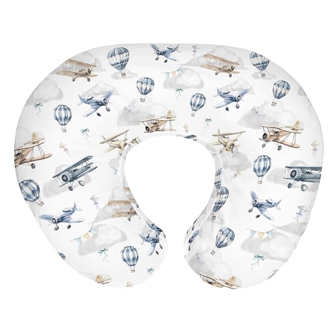 Vintage Planes Airplanes Helicopters Nursing Pillow Covers for Boy Girl Hot Air Balloon Plane Clouds Sky Nursing Pillow Slipcovers for Breastfeeding Pillows Soft Removable Covers for Newborn Infant