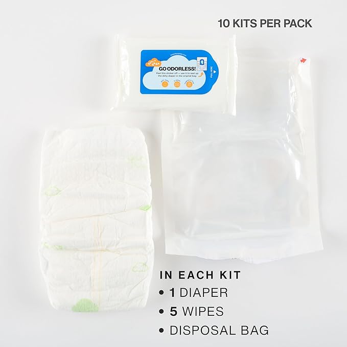 Pocket-Sized Travel Diaper Kit (Size 3, 16–28 lbs) – 10-Kit Value Pack | 1 Diaper, 5 Wipes & Odor-Lock Disposal Bag | Baby Travel Essentials for Airport & On-the-Go