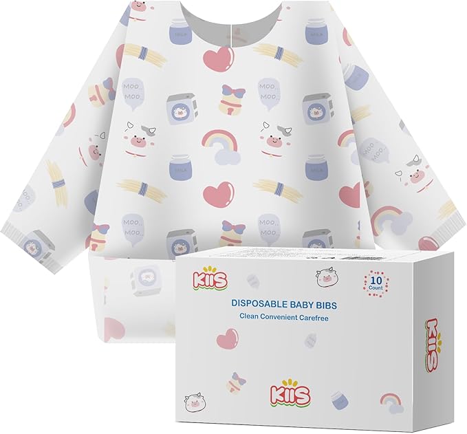 KIIS Disposable Baby Bibs, Waterproof Smock Bibs, Full Coverage for Toddlers & Kids, Mess-Free Feeding for Travel & Daycare
