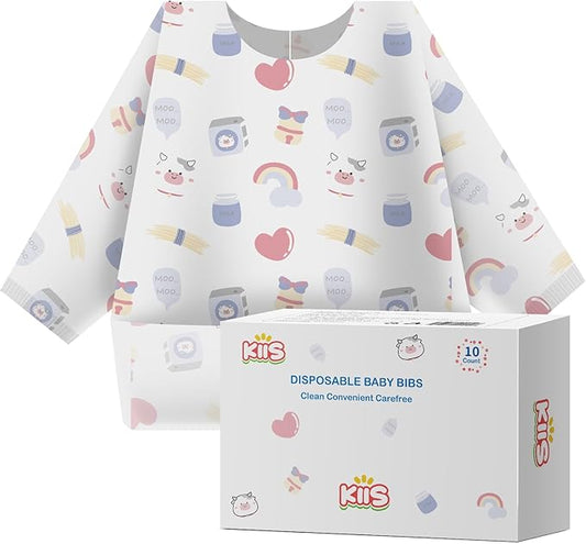 KIIS Disposable Baby Bibs, Waterproof Smock Bibs, Full Coverage for Toddlers & Kids, Mess-Free Feeding for Travel & Daycare