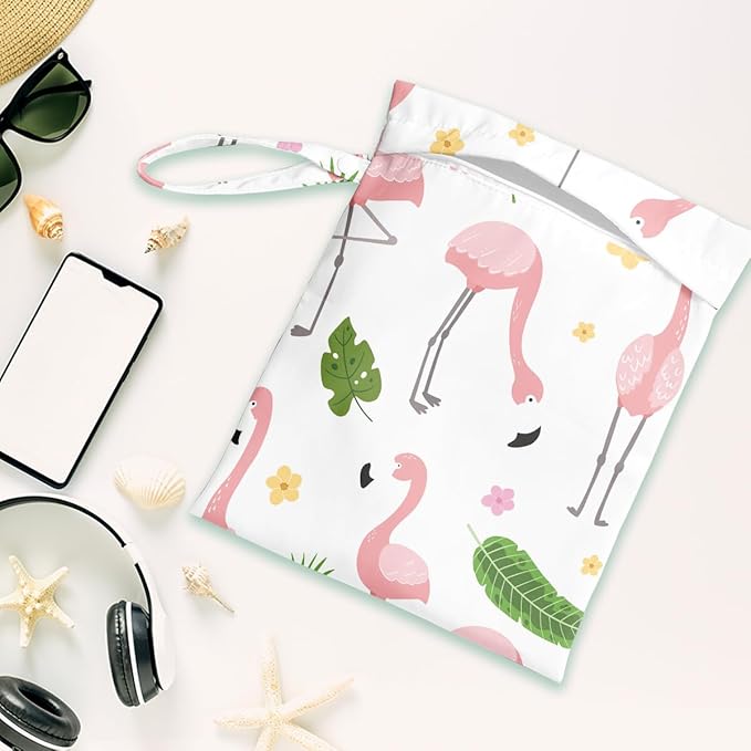 Wet Dry Bag, Wet Bag for Swimsuit, Travel, Beach, Pool, Diapers, Dirty Yoga Gym Clothes, Makeup Bag, Pink Flamingos Summer Vacation Essentials