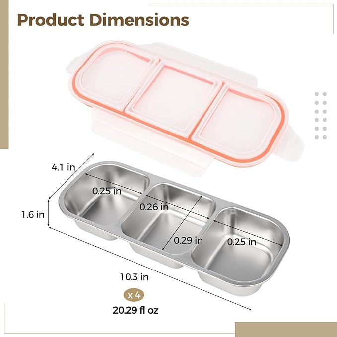 4 Pcs Stainless Steel Bento Boxes, 3-Compartment Snack Containers, Leak-Proof, Portable, Ideal for Home, Work, Travel