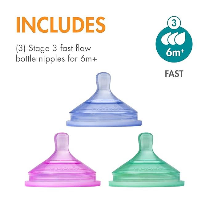 Boon Nursh Food-Grade Silicone Baby Bottle Nipples - Fast Flow - Baby Bottle-Feeding Supplies Fits All Boon Nursh Bottles - Colorblock - 3 Count - Ages 6 Months and Up