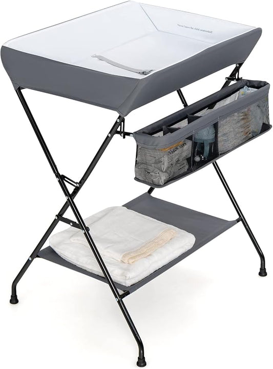 Costzon Changing Table, Portable Baby Changing Table Foldable Diaper Changing Station with Safety Belt, Large Storage Rack & Shelf, Nursery Organizer for Newborn Infant (Dark Gray)
