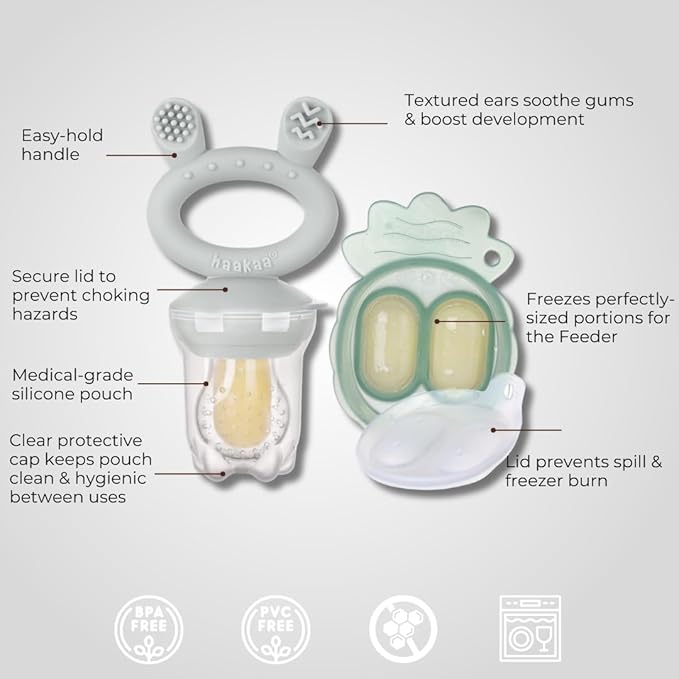 Haakaa Freeze-N-Feed Mini Combo with Silicone Food Feeder & Silicone Mini Nibble Tray|Baby Solid Food Self Feeder|Breastmilk Popsicle Mold Storage & Feeder for Soothing Baby Gums 1 PK