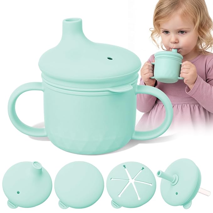 8 oz 3 in 1 Silicone Baby Sippy Cups & Snack Cups with Lid Straw for Toddlers 1-3 Spill Proof Stainless Steel Snack Containers Food Catcher for Baby Toddler Drinking Training(Light Green)