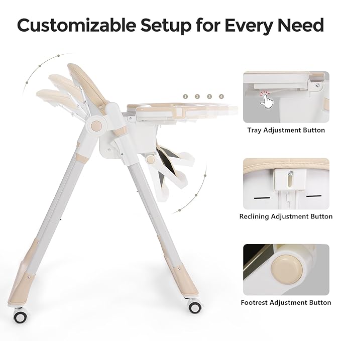 Cochildor 3-in-1 Foldable High Chair for Babies & Toddlers – Adjustable Height, Reclining Seat, 5-Point Safety Harness, Removable Tray, Lockable Wheels and Washable Cushion, Beige