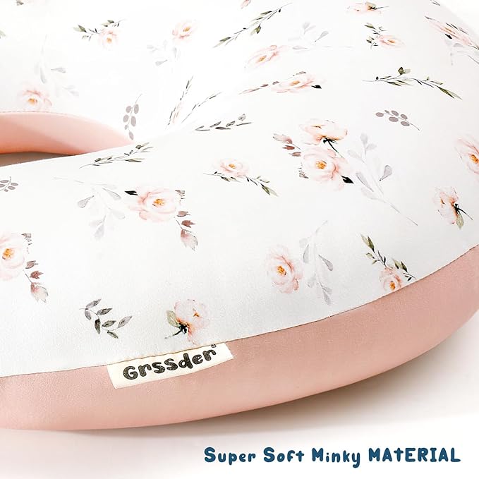 GRSSDER Reversible Nursing Pillow Cover, Ultra Soft Stretchy Minky Removable Nursing Covers Fitted for Breastfeeding Pillows Snug and Safe, Comfortable Slipcover for Girls, Stylish Pink Rose Flora
