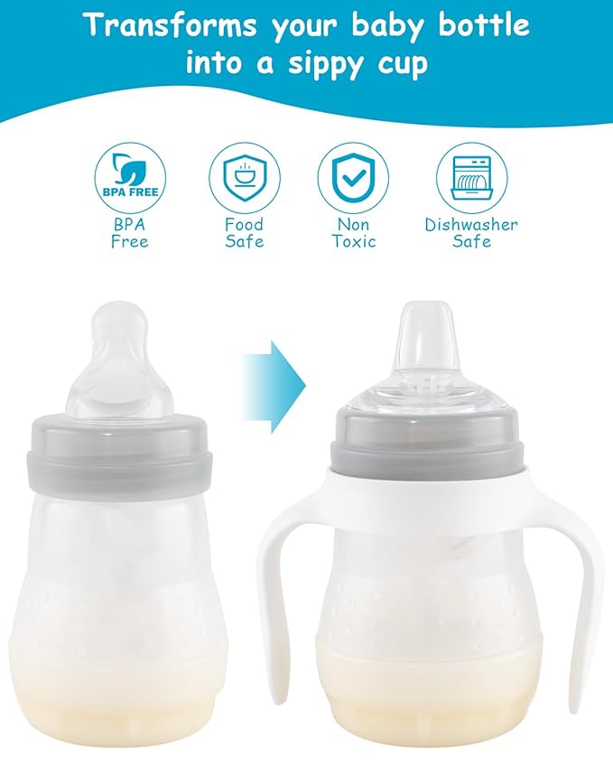 Sippy Cup Conversion Kit for Mam Bottles, Spill-Proof Transition Kit with Silicone Sippy Spout Nipple, Weighted Straw, Handle, 3 Pack, 6m+