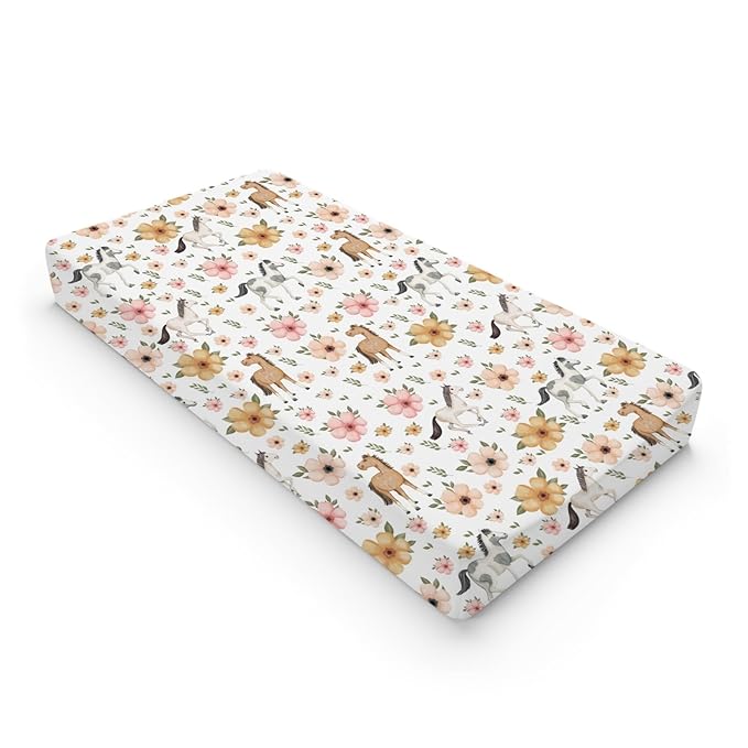 Watercolor Horse Boho Floral Changing Pad Cover Cute Horses Baby Diaper Change Table Pad Cover for Boys Girls Soft Breathable Stretch Snug Fitted Diaper Changing Mat Sheets Covers 32''x16'' White