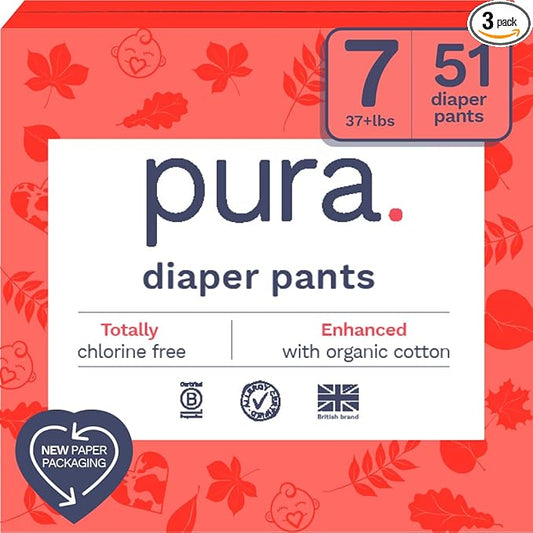 Pura Hypoallergenic Diaper Pants Size 7 (37+ lbs) Overnight, up to 12 Hours Leak Protection, Suitable for Sensitive Skin, Totally Chlorine Free, Soft Organic Cotton, 3 Packs of 17 (51 Pull Up Pants)