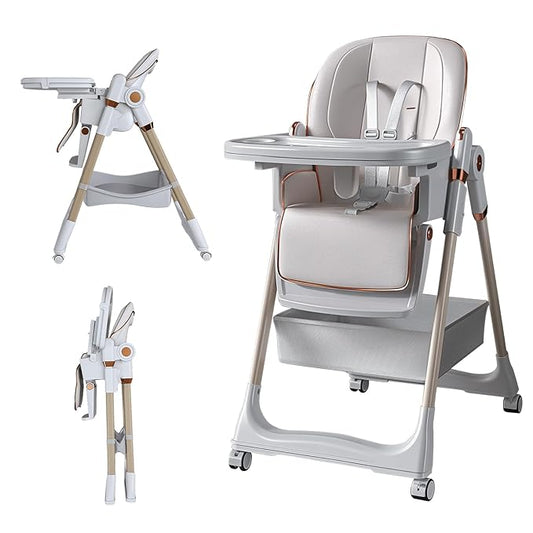 Foldable Baby High Chair with 150° Swing & Recline,Convertible High Chairs for Babies and Toddlers,5 Height Levels,3 Backrest & Footrest Positions,Removable Double Tray,Lockable Wheels (White 1)