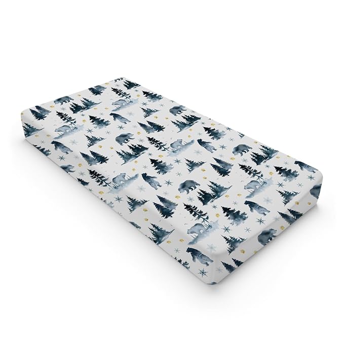 Bear Snow Forest Changing Pad Cover Watercolor Bear Paws Trees Change Table Pad Cover for Baby Boys Girls Soft Breathable Stretchy Snug Fitted Diaper Changing Mat Sheets 32''x16''