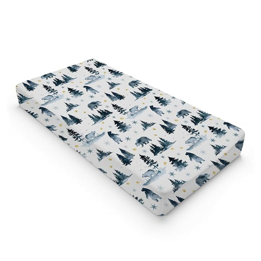 Bear Snow Forest Changing Pad Cover Watercolor Bear Paws Trees Change Table Pad Cover for Baby Boys Girls Soft Breathable Stretchy Snug Fitted Diaper Changing Mat Sheets 32''x16''