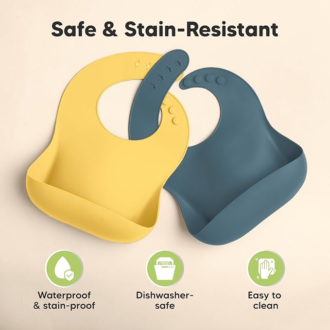 KeaBabies 2-Pack Silicone Bibs for Babies, Toddlers Girl, Boy – Sturdy Food-Grade Baby Bibs for Eating, Large Food Catcher, Clean & Put On Easily, Waterproof Toddler Feeding Essentials (Valiant)