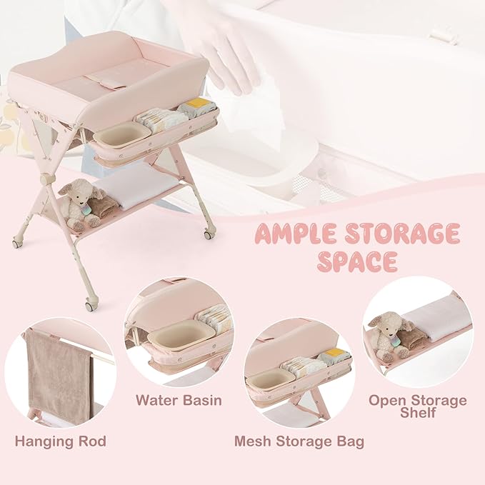 HONEY JOY Changing Table, Folding Mobile Diaper Nursery Organizer w/Wheel, 3 Adjustable Heights, Storage Bag & Open Shelf, Water Basin, Portable Baby Changing Station for Newborn Infant(Pink)