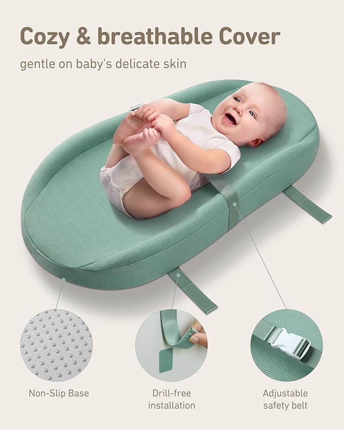 Contoured Changing Pad with Soft & Washable Cover, Waterproof Lining Foam Baby Changing Table Pads for Dresser Top, Secure with Security Strap and Two High Curved Sides, 32”×16”, Sage Green