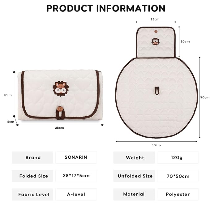 SONARIN Cute Portable Baby Changing Mat,Waterproof Folding Diaper Changing Pad Lightweight Travel Nappy Changing Mat Changing Station with Pocket for Newborns Infants(Lion)