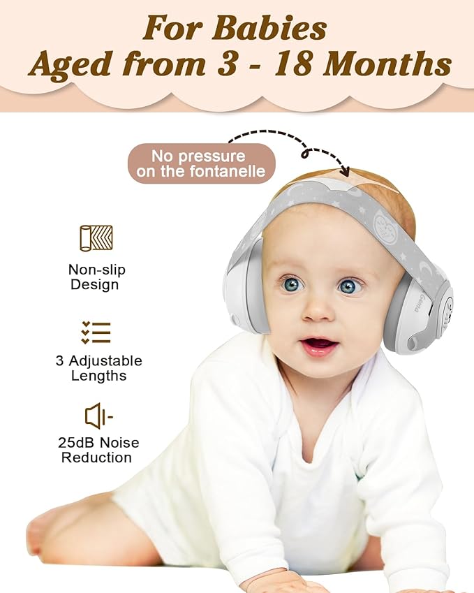 Lilian&Gema 2-in-1 Baby Ear Muffs Noise Protection up to 48 Months - Cute Owl Ear Protection for Infant & Toddler - Baby Airplane/Travel Essentials - Adjustable Noise Reduction Earmuffs, White
