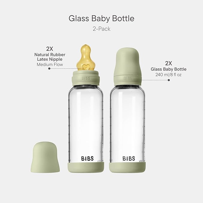 BIBS Glass Baby Bottles 2-Pack, 8.1 Oz. Anti-Colic System for Gas Reduction. Vented Round Natural Rubber Latex Nipple. Supports Infant and Newborn Breastfeeding - 240 ml (Pack of 2), Sage
