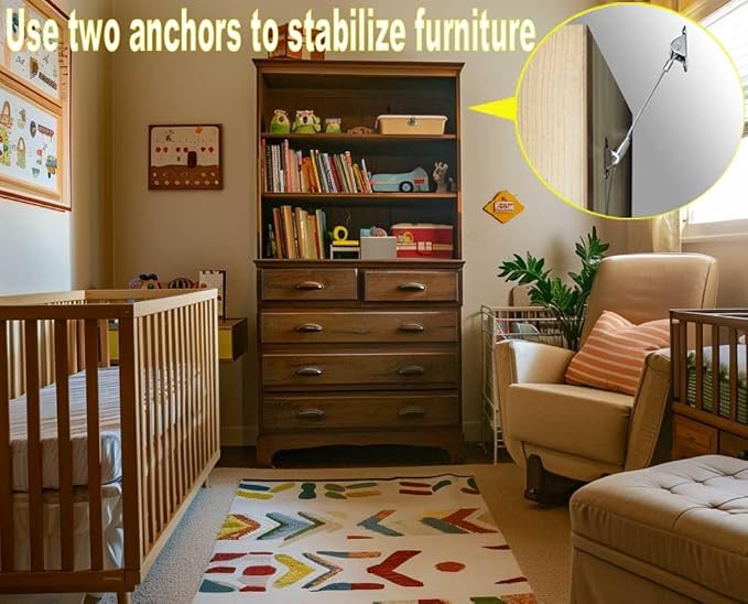 6 Sets Anti Tip Furniture Anchors for Baby Proofing, Earthquake Straps, Furniture Secure to wall Anchors, Childproof and Home Safety, Adjustable 12in