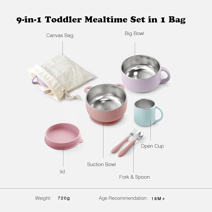Bakpoco Kids Dinnerware Set - 6 Piese Toddler Plates and Suction Bowls Set with Kids Utensils&Cup, 2 IN 1 Stainless Steel & Silicone Baby Self Feeding Supplies, Lilac& Blush&Sage