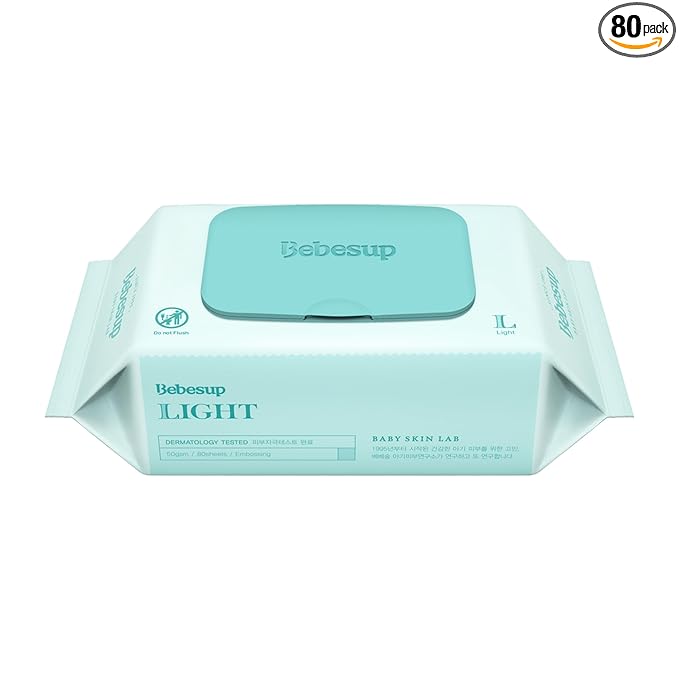 BEBESUP Korea's #1 Light Baby Wipes - Hypoallergenic, Water-Based, Unscented, Alcohol & Paraben-Free – 50 GSM for sensitive skin Flip-Top Plant Based Baby Wipes (1 Pack)