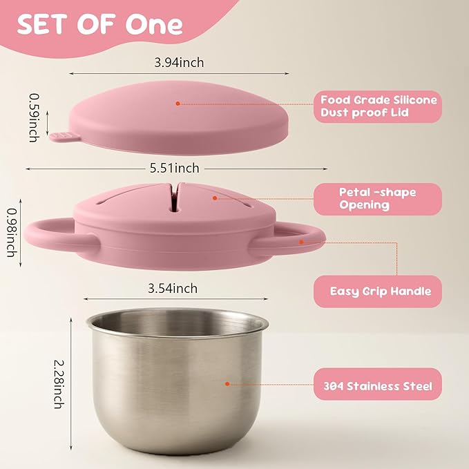 Bufilea Snack Containers for Toddlers, 3-in-1 Stainless Steel Toddler Snack Cups with Removable Silicone Food Catcher & Travel Lids, No-Spill Snack Container for Baby Self-feeding (Pink, Pack of 1)