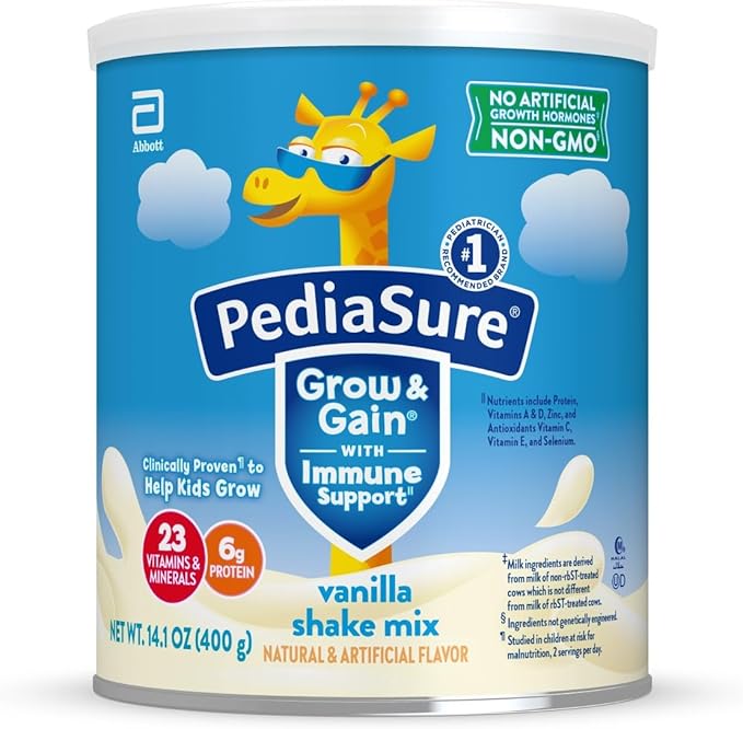 PediaSure Grow & Gain with Immune Support Shake Mix Powder, 23 Vitamins & Minerals, 6g Protein, Non-GMO, Gluten-Free, Vanilla, 14.1 oz Can, Pack of 1-8 servings