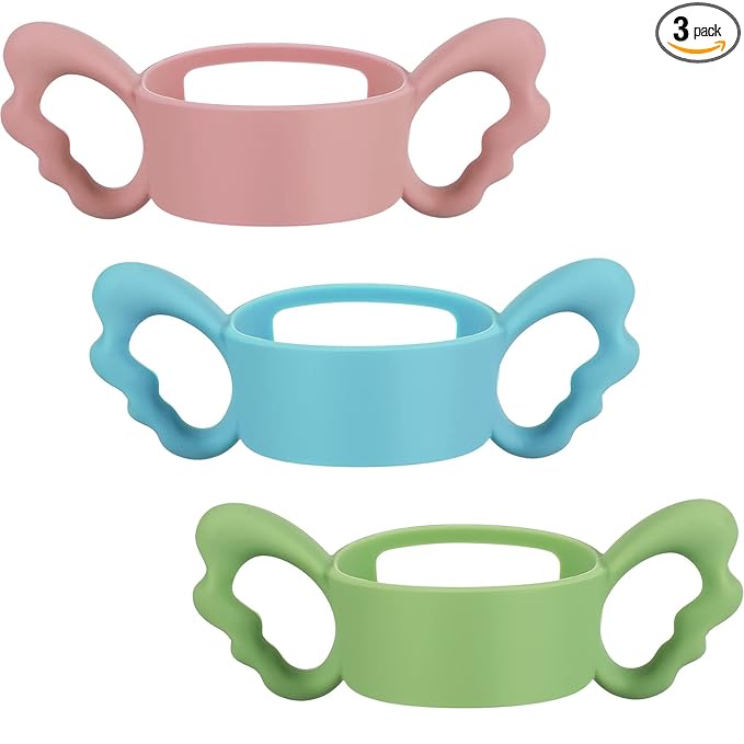 3 Pack Baby Bottle Handles Silicone Wide Neck Feeding Handle Easy Grip Lightweight Bottle Handle Small Hand Gripping for Self Feeding(Pink, Green, Blue)