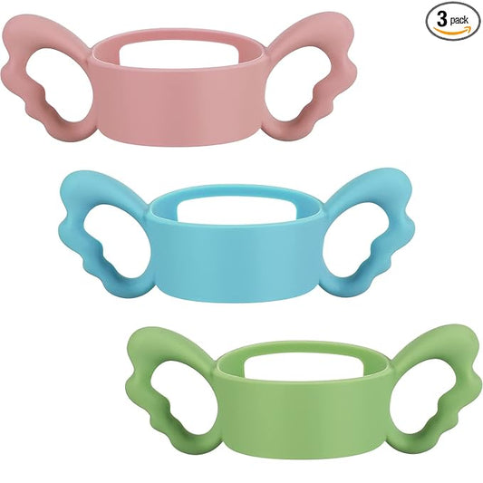 3 Pack Baby Bottle Handles Silicone Wide Neck Feeding Handle Easy Grip Lightweight Bottle Handle Small Hand Gripping for Self Feeding(Pink, Green, Blue)