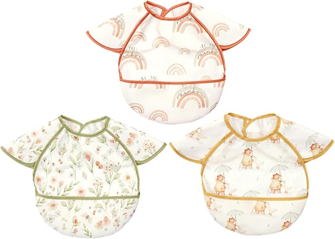 Feeding Bibs for Baby,3 Pack-Waterproof & Easy Clean Baby Bibs for Eating,Toddlers & Infant,Reversible Pockets