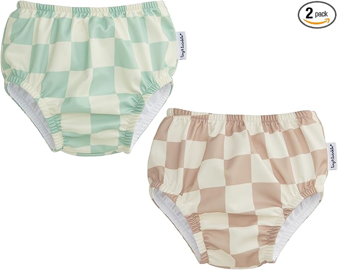 Tiny Twinkle Pull-Up Reusable Swim Diapers 2-Pack | Waterproof and UPF 50+ Sun Protection | Lightweight and Absorbent | Machine Washable(Sage,Beige Checkers,6-12M)