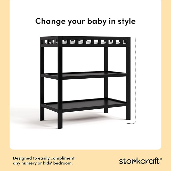 Storkcraft Morningside Changing Table (Black) – GREENGUARD Gold Certified Baby Changing Table, Includes Waterproof Diaper Changing Pad, Easy 30-Minute Assembly, 2 Open Shelves for Storage