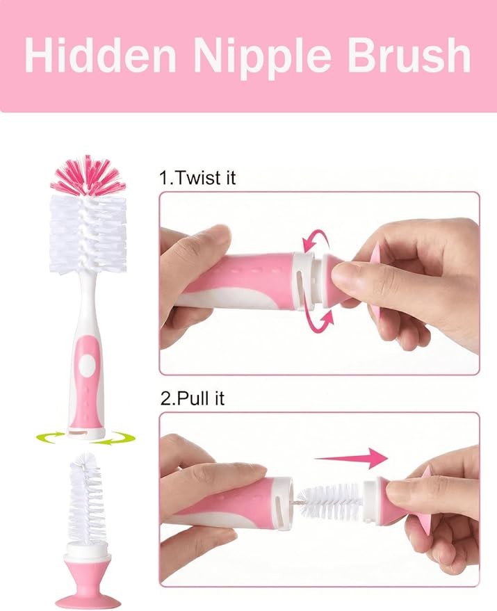 Baby Bottle Brush Set 4 in 1, Baby Bottle Cleaner, with 1P Nylon Bottle Brush, 1P Bottle Cap Brushes, 2P Straw Brushes, Bottle Brush with Nipple Cleaner and Suction Cup, BPA-Free(Pink)