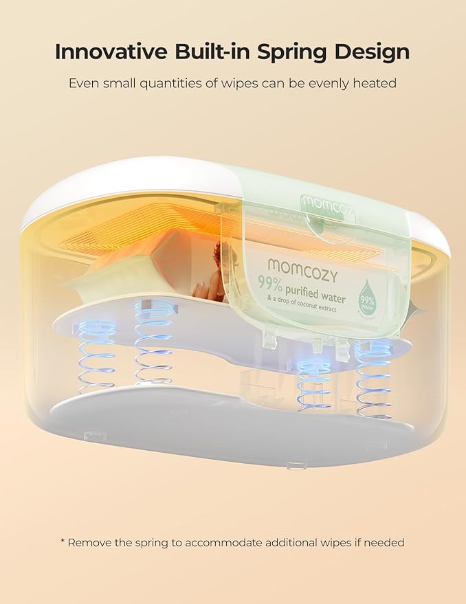 Momcozy New Baby Wipe Warmer, Large Capacity Wipe Dispenser Compatible with 60-80pcs,10-Min Fast Heating,4 Temperature Modes,Innovative Spring Design,Silicone&Top Seals,Even Heating,3-Level Nightlight