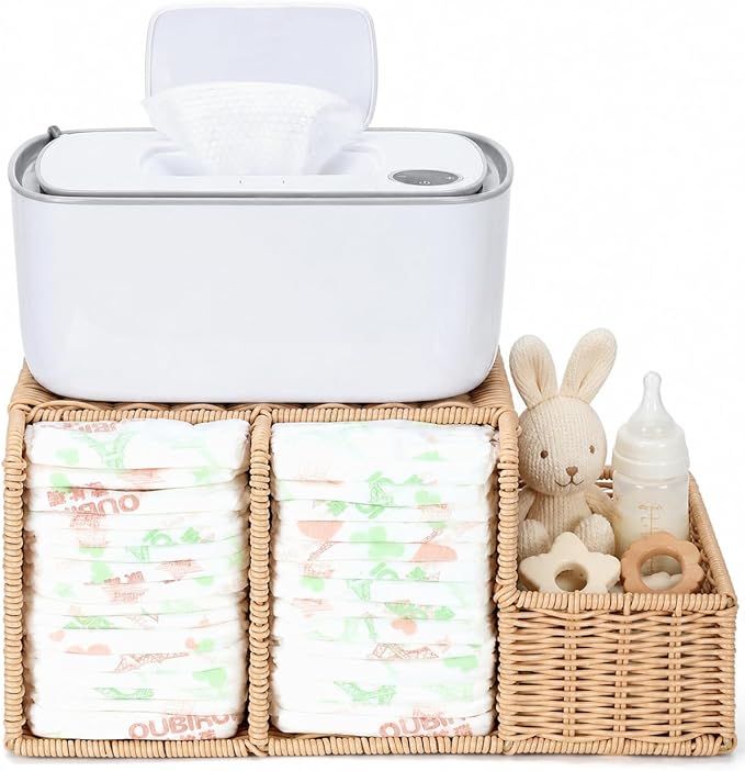 Diaper Caddy Organizer, Hand Rattan Nursery Storage Basket for Baby Essentials, Baby Changing Table Organizer Perfect Nursery Assistant (Natural Woven, M)