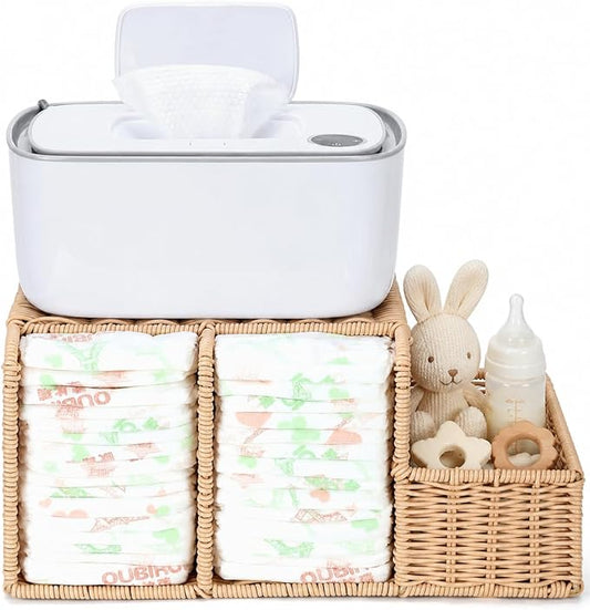 Diaper Caddy Organizer, Hand Rattan Nursery Storage Basket for Baby Essentials, Baby Changing Table Organizer Perfect Nursery Assistant (Natural Woven, M)