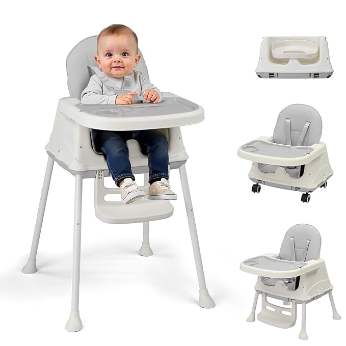 Ktaxon 6-in-1 Baby High Chair, Portable Convertible Highchair with Removable Dual-Layer Tray, 5-Point Safety Harness and Locking Wheels for Toddlers & Babies, Grey